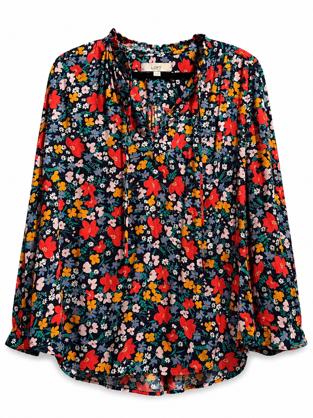 LOFT Navy Floral VNeck Long-Sleeve Top with Red & Yellow Flowers Feminine Casual